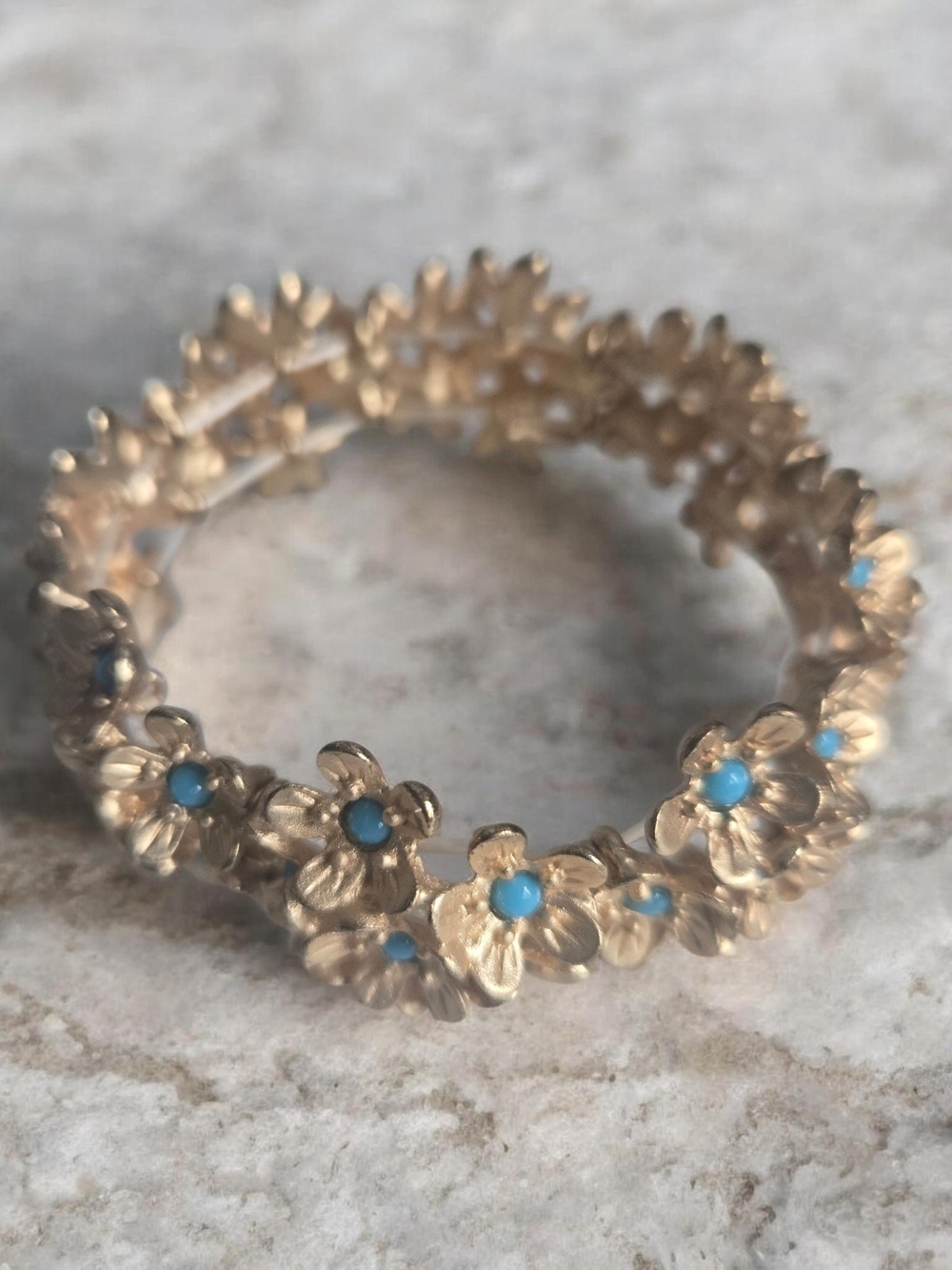 Gold Floral Stackable Ring with Turquoise Accents